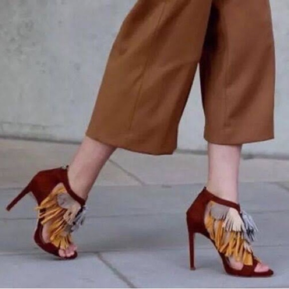 ZARA Tan Brown Suede Fringed Heels - Picture 5 of 15